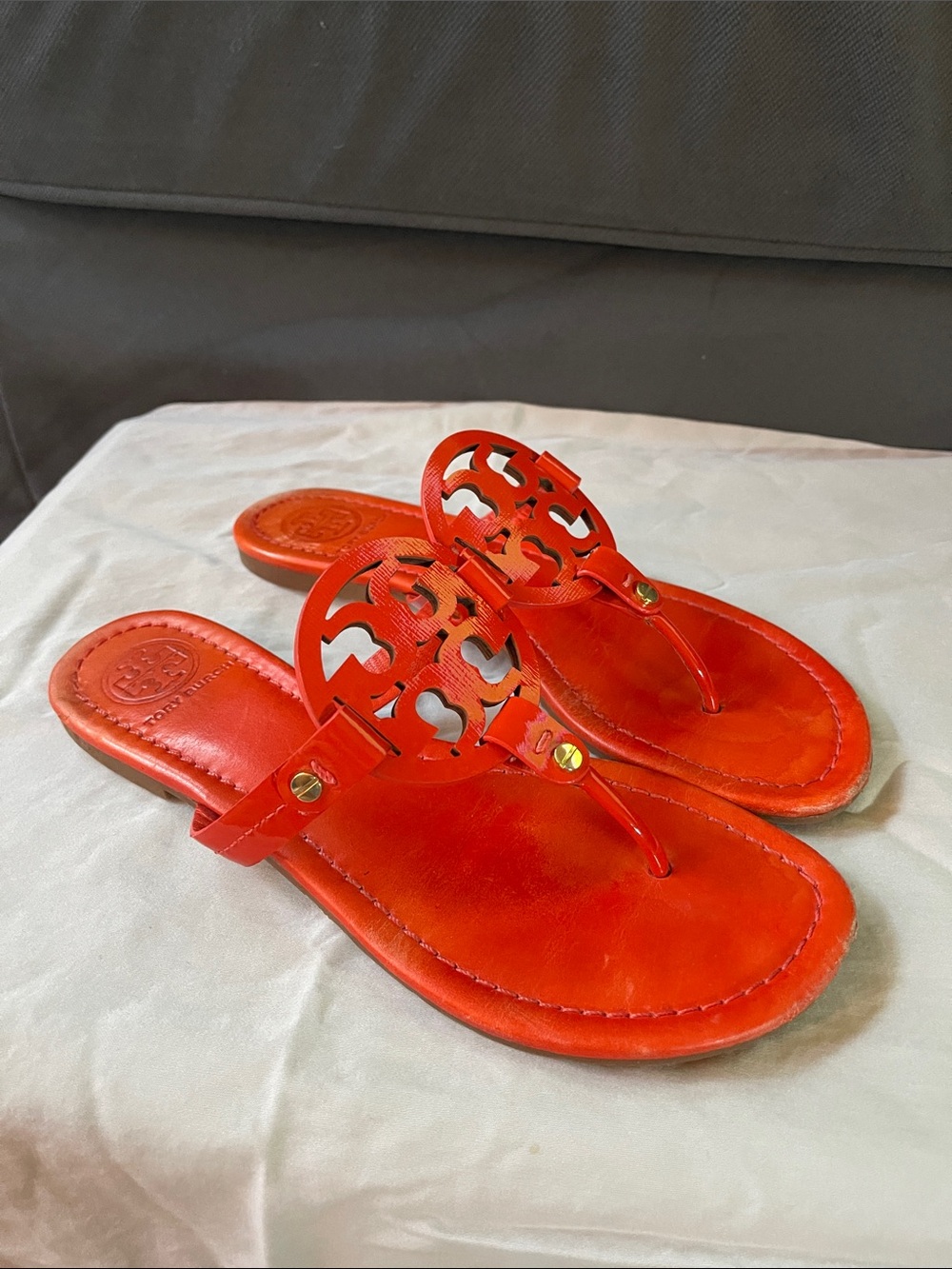 Tory Burch Bright Orange Miller Logo Thong Sandals size 8